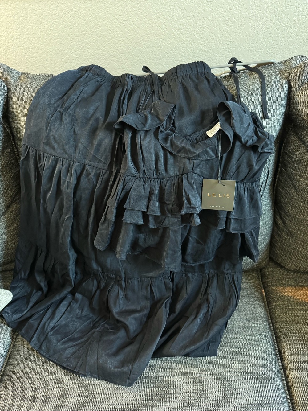 Le Lis Navy Blue Ruffle Maxi Skirt & Top Set